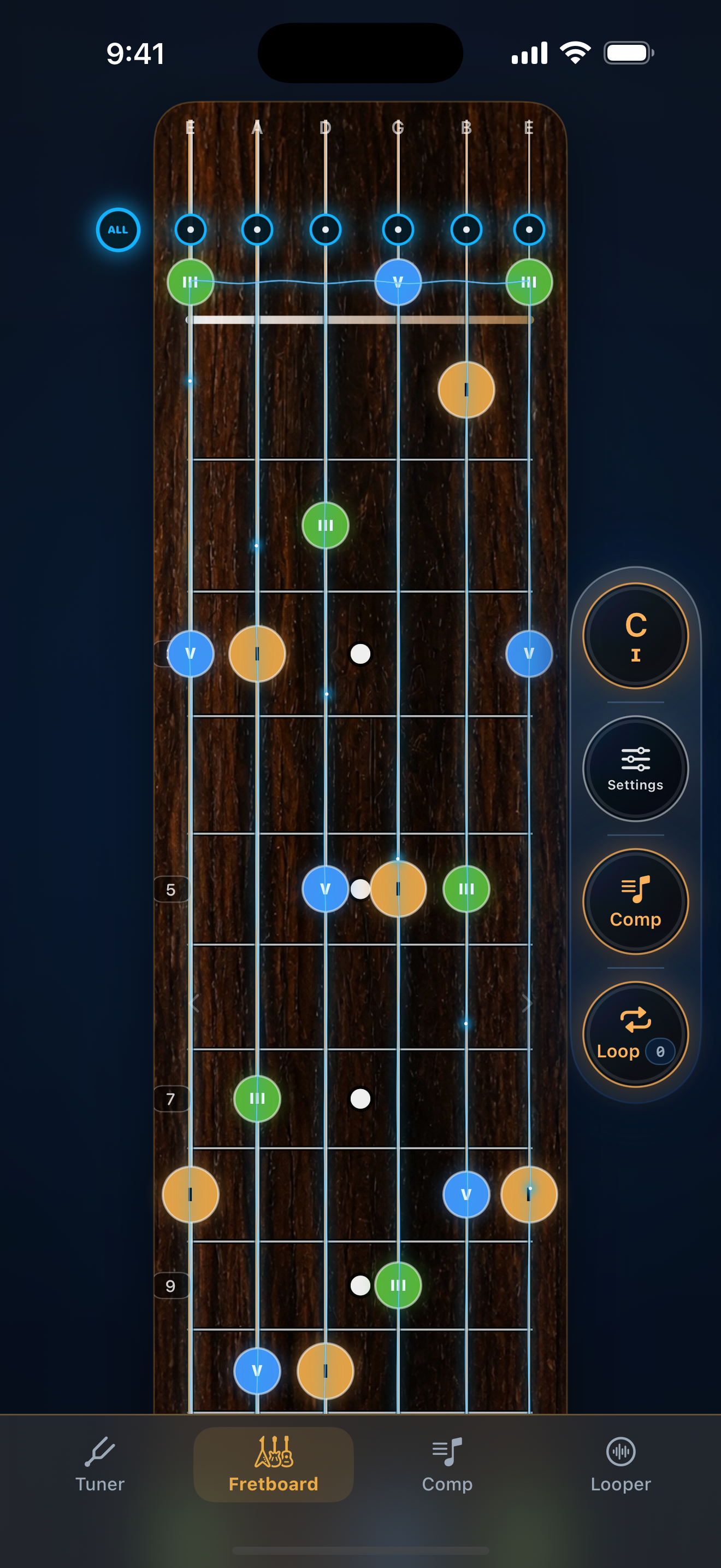 Realistic chord-tone fretboard in Guitar Studio